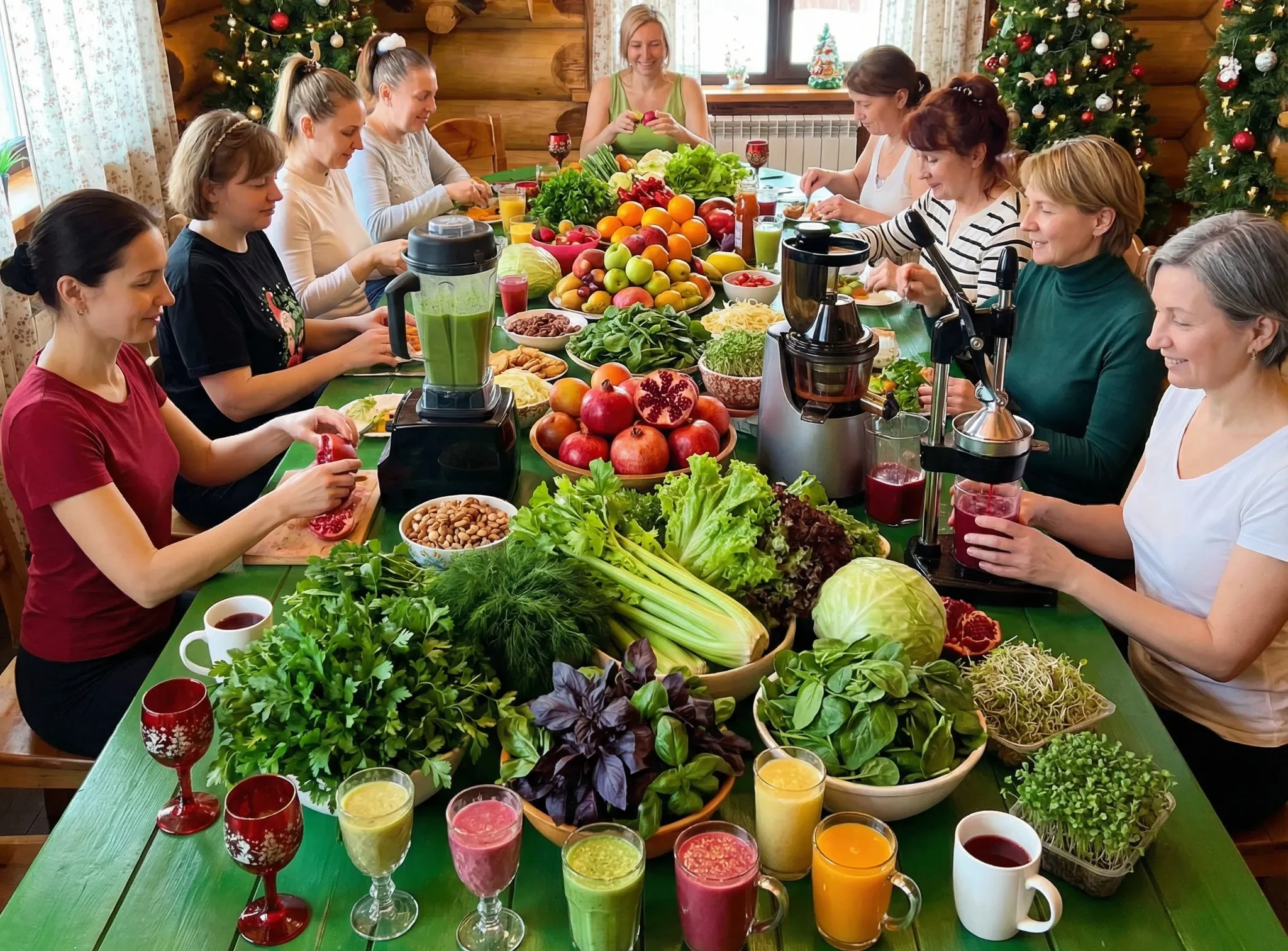 Новогодний корпоратив Сыроедов России 2026 — женский состав в бане готовит смузи, соки и салаты