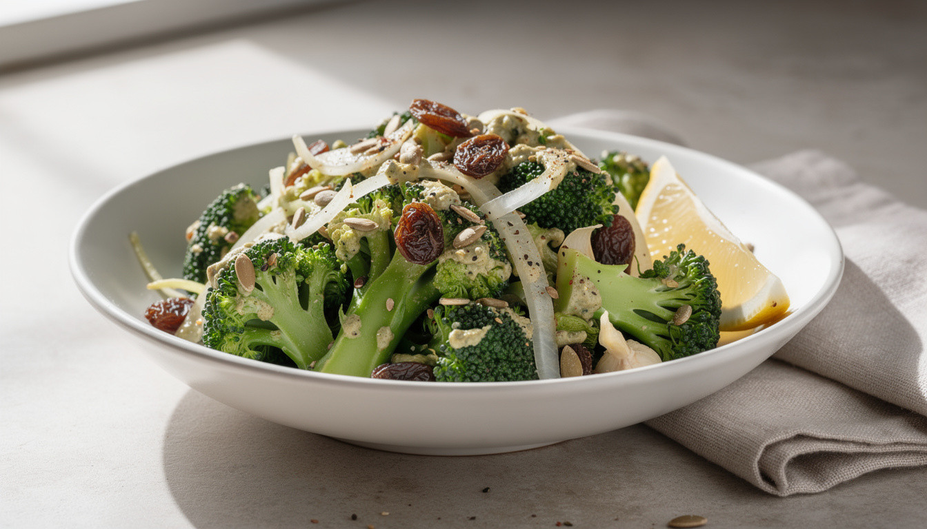 Сыроедческий салат из брокколи с изюмом и соусом из семечек - сыроедческий рецепт