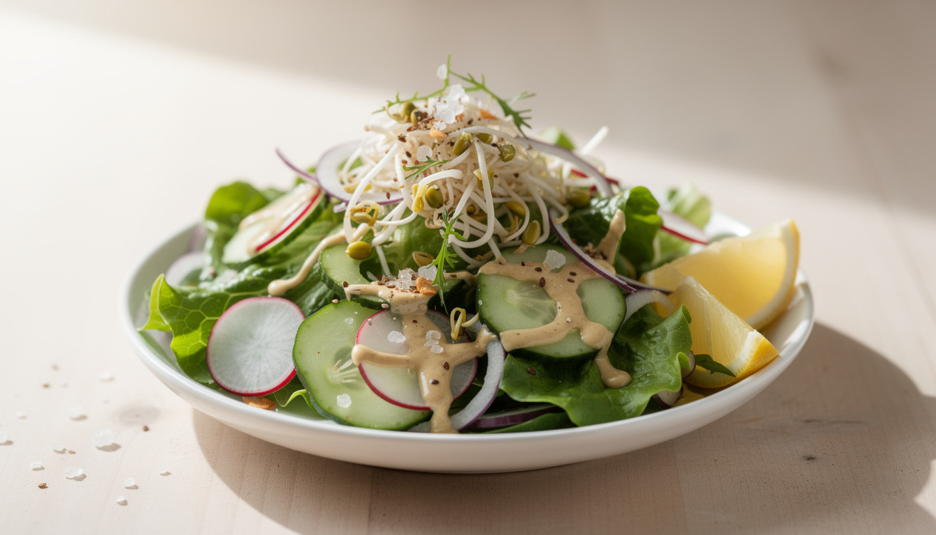 Сыроедческий зеленый салат с проростками маша и тахини - сыроедческий рецепт