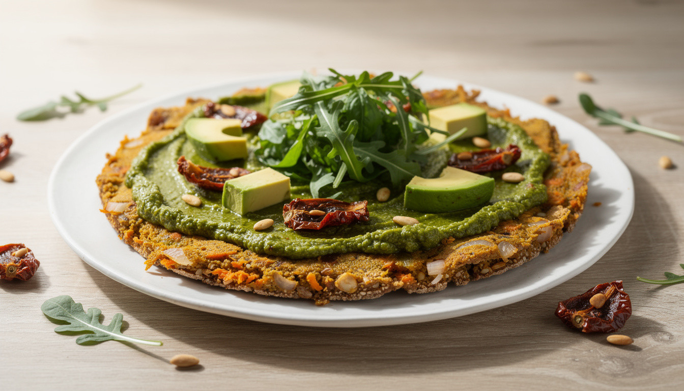 Сыроедческая пицца на миндально-морковном тесте с песто - сыроедческий рецепт