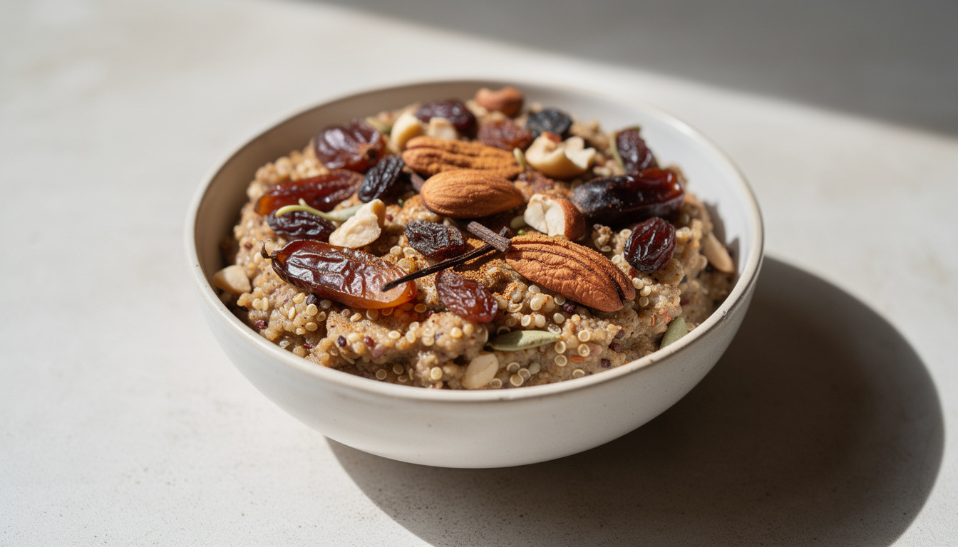 Рецепт сыроедческой каши из пророщенной киноа с орехами и изюмом - сыроедческий рецепт