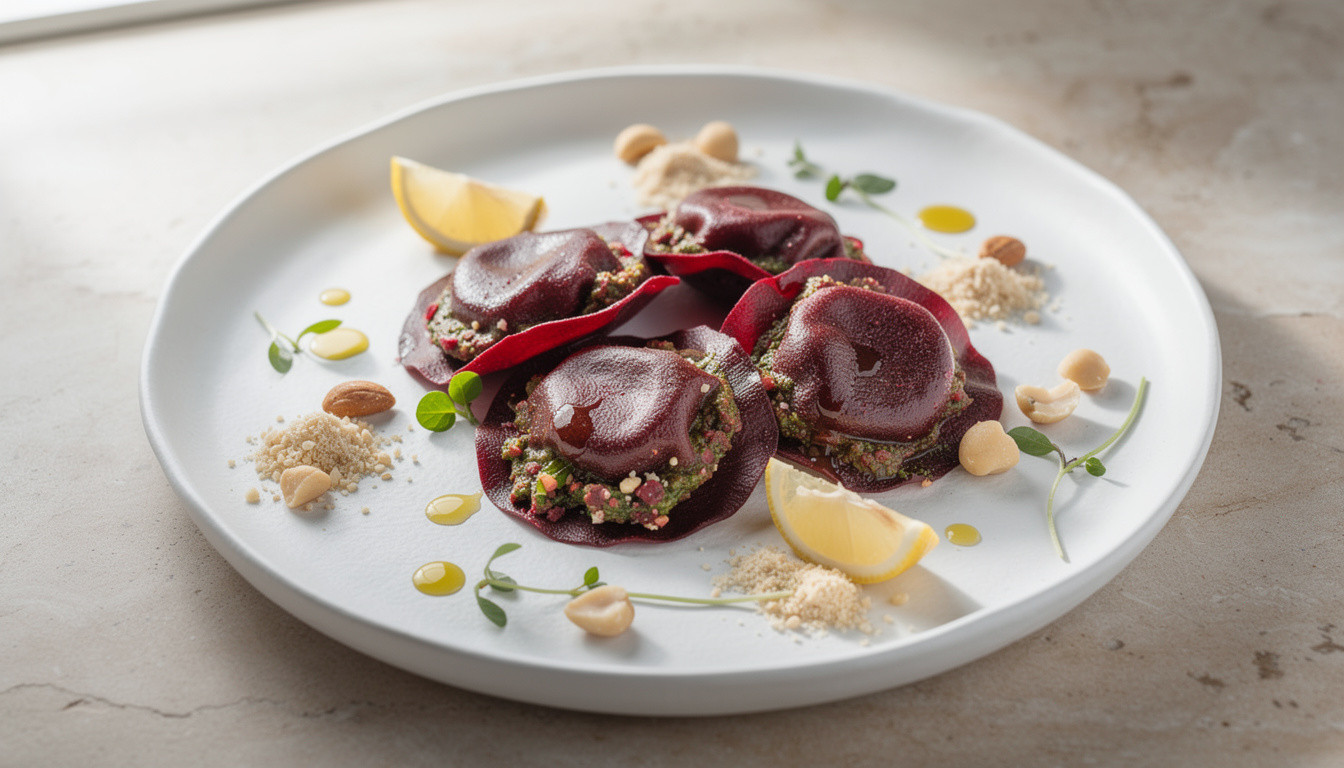 Сыроедческий Сыроедческие равиоли из свеклы с кедрово-макадамским песто