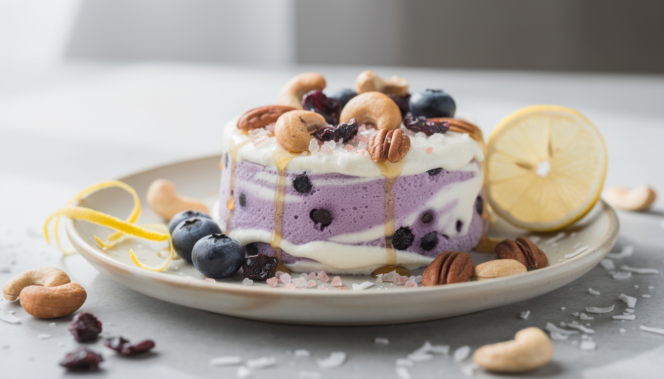 Сыроедческий десерт Лавандовый раф с черникой: живой рецепт