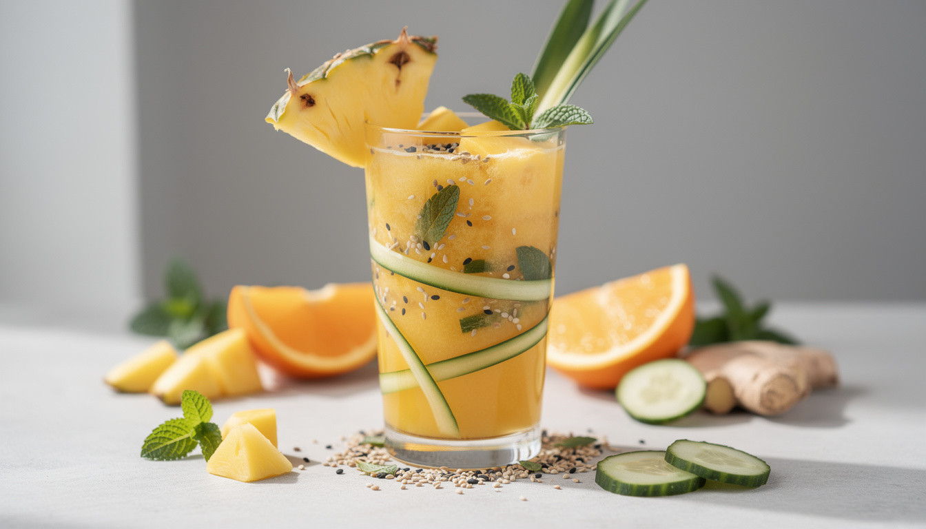 Тропический сыроедческий фрэш-коктейль: ананас, витграсс и мята