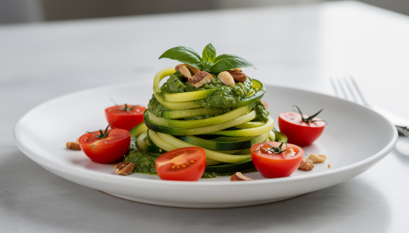 Сыроедческий Сыроедческая Паста Примавера из цукини с песто и томатами