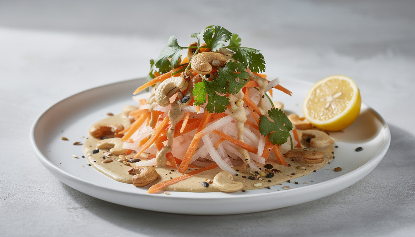 Пряный сыроедческий салат из моркови и дайкона с кешью-соусом